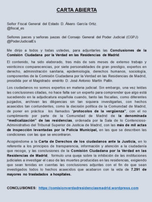 Esta es la carta que los familiares de los fallecidos en las residencias  enviaron a Fiscalía y CGPJ