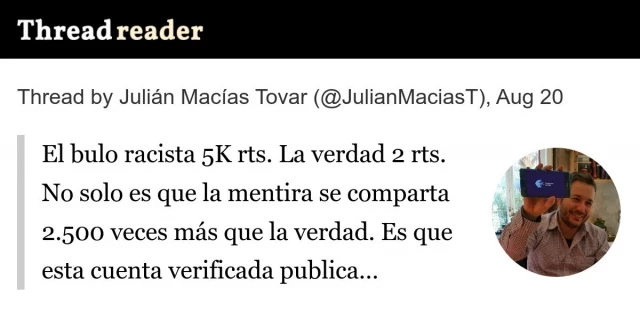 El bulo racista 5.000 retweets. La verdad 2 retweets. No solo es que la mentira se comparta 2.500 veces más que la verdad, es que esta cuenta verificada publica mentiras racistas cada día