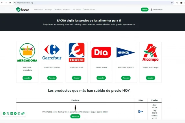 FACUA lanza una web que vigila a diario la evolución del precio del aceite de oliva en seis grandes cadenas de supermercados