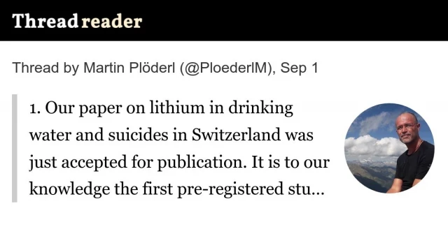 Nuestro artículo sobre el litio en el agua potable y los suicidios en Suiza acaba de ser aceptado para su publicación