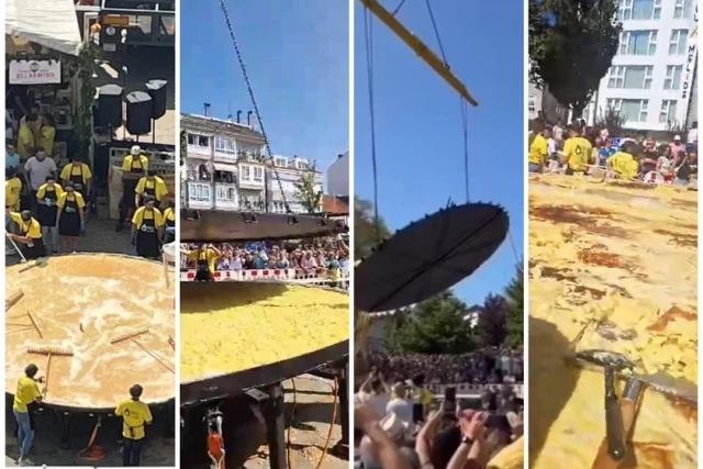 Así han dado la vuelta a la tortilla de patatas más grande del mundo en un pueblo de Galicia: con 70 personas y una grúa