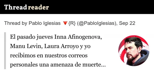 Pablo Iglesias: El pasado jueves Inna Afinogenova, Manu Levin, Laura Arroyo y yo recibimos en nuestros correos personales una amenaza de muerte explícita...