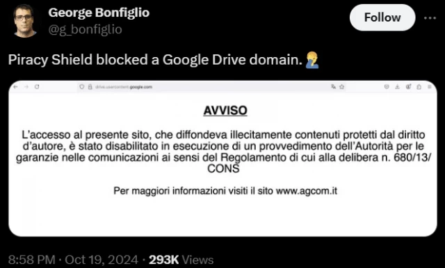 Apagón de Google Drive en Italia tras otro grave error contra la piratería [ENG]